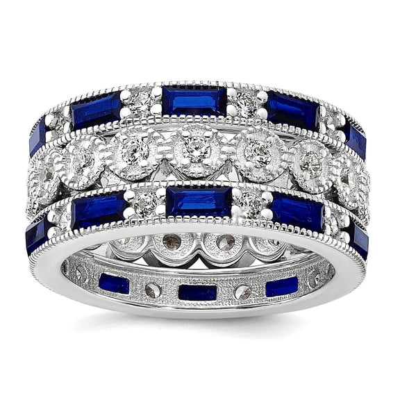 3.75mm 925 Sterling Silver Rhodium Plated Emerald-cut and Brilliant-cut Blue And White CZ Three Piece Eternity Ring Set