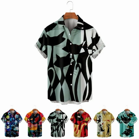 

LANLIN Youth Adult Cats Collared Shirt & Top with Chest Pocket Lightweight Bowling Shirts for Boys 5-14 Years