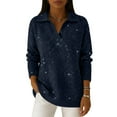 thumbnail image 2 of Valentine's Day Polo Collar Shiny Loose Sweater Top, Women's Elegant V Neck Long-Sleeved Sparkly Pullover Sweater Dark Blue 2XL, 2 of 4