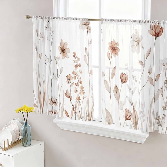Brown Red Spring Floral Sheer Curtains 45 Inch Length 2 Panels Set, Summer Flowers Botanical Elegant Voile Window Treatment Rod Pocket Small Kitchen Curtains Drapes for Bedroom 52"x45"x2