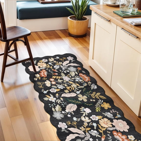 2x8ft Scalloped Hallway Runner Rug: Washable Floral Kitchen Runner Black