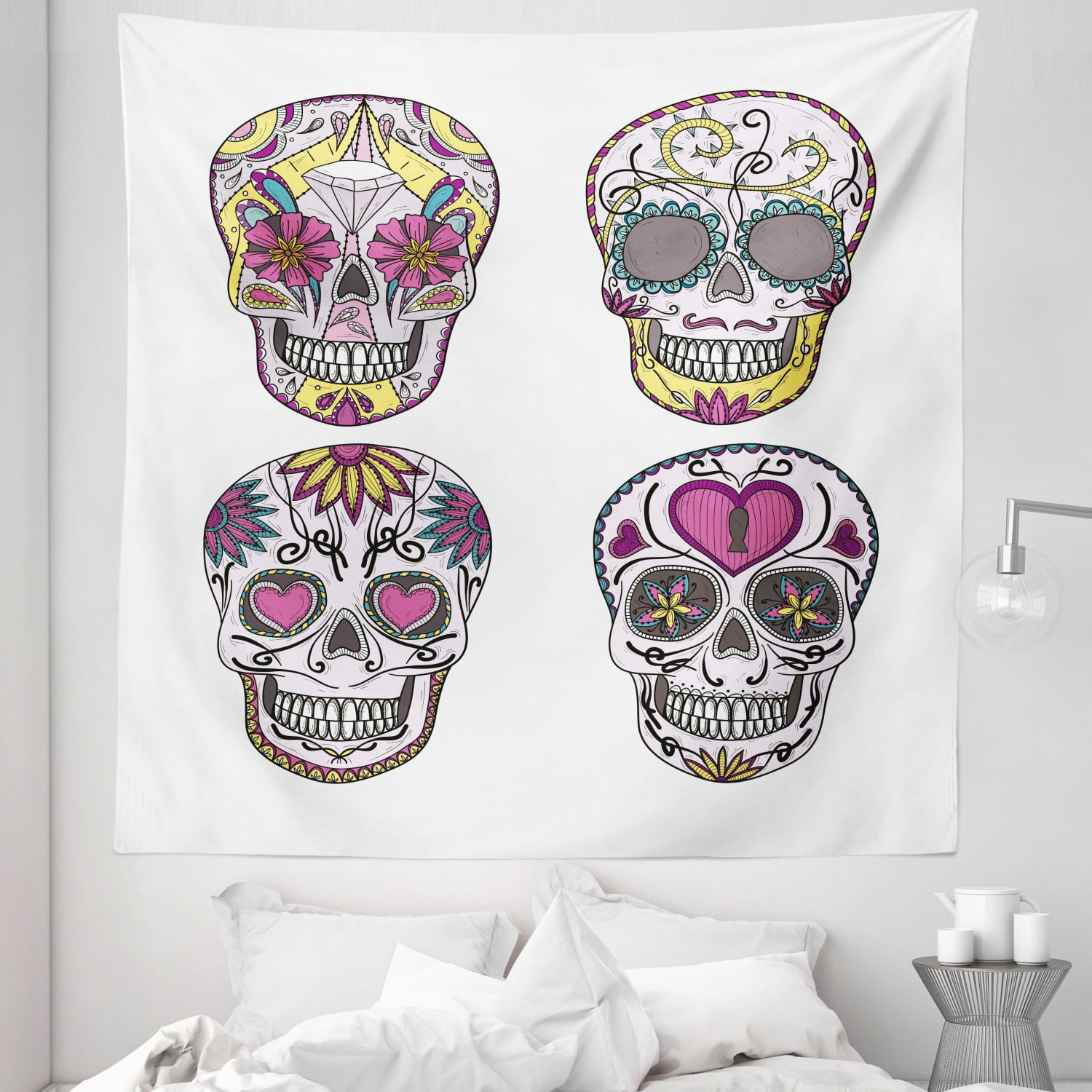 Sugar Skull Tapestry, Mexican Style Traditional Sugars Hearts Ornate