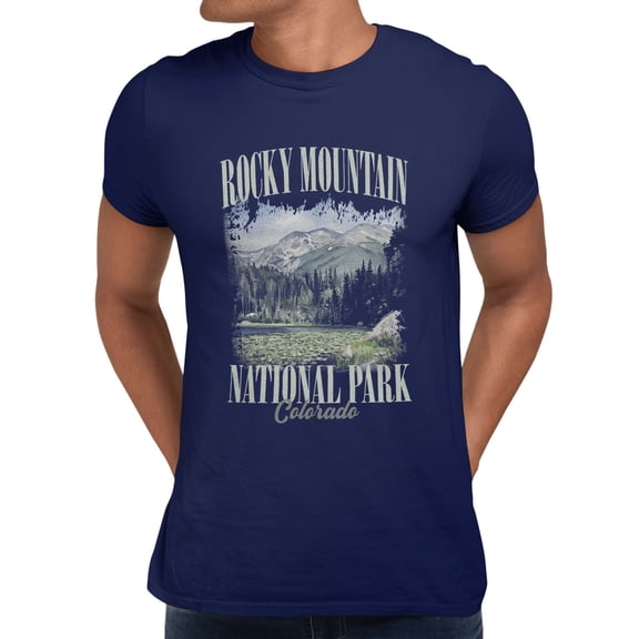National Park Foundation Rocky Mountain Painting Colorado Men's T Shirt (Navy, S-XXXL)
