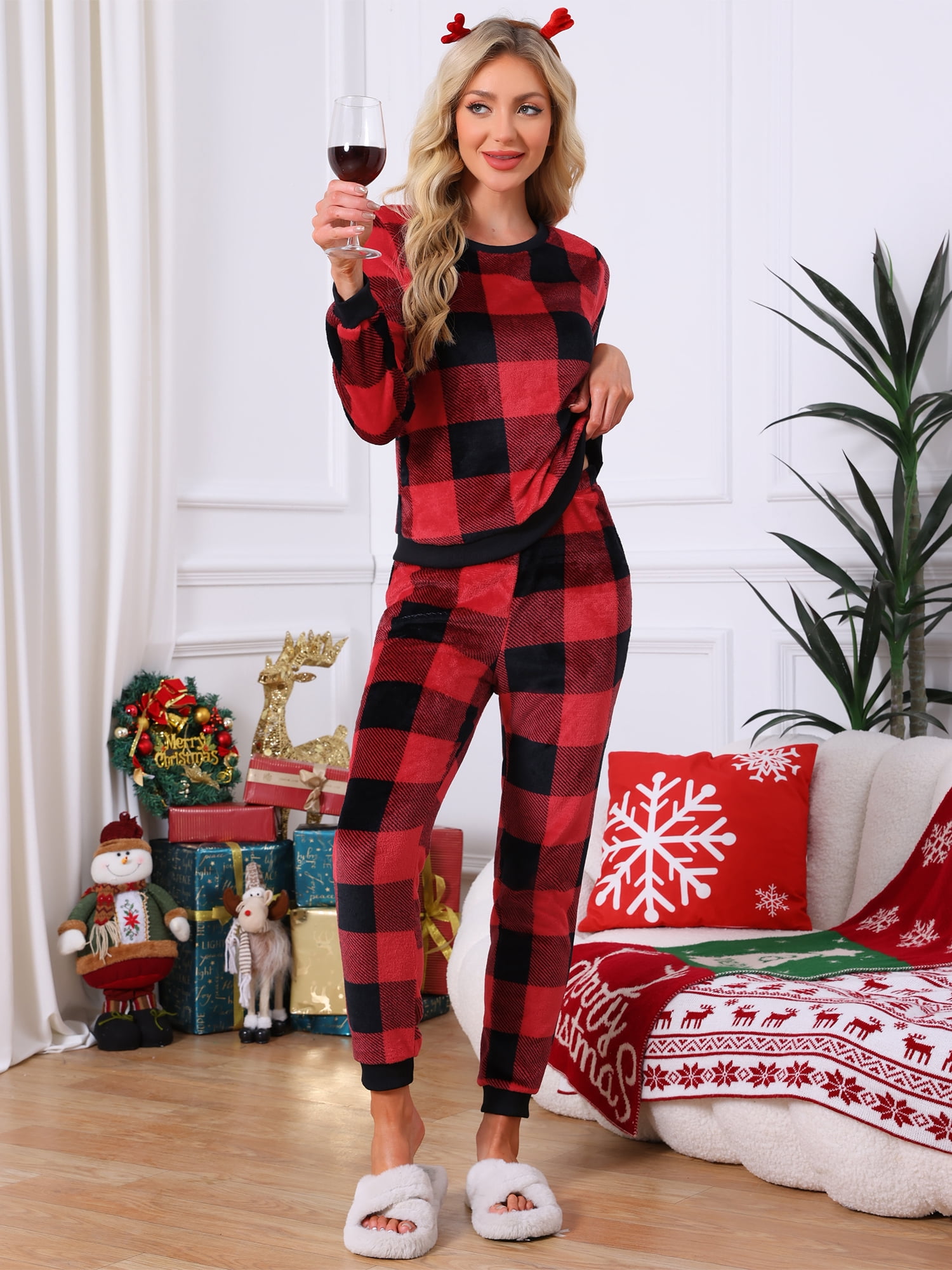 DARING DIVA Women's Fuzzy Fleece Pajama Sets Long Sleeve Top with Pants for Winter L Red