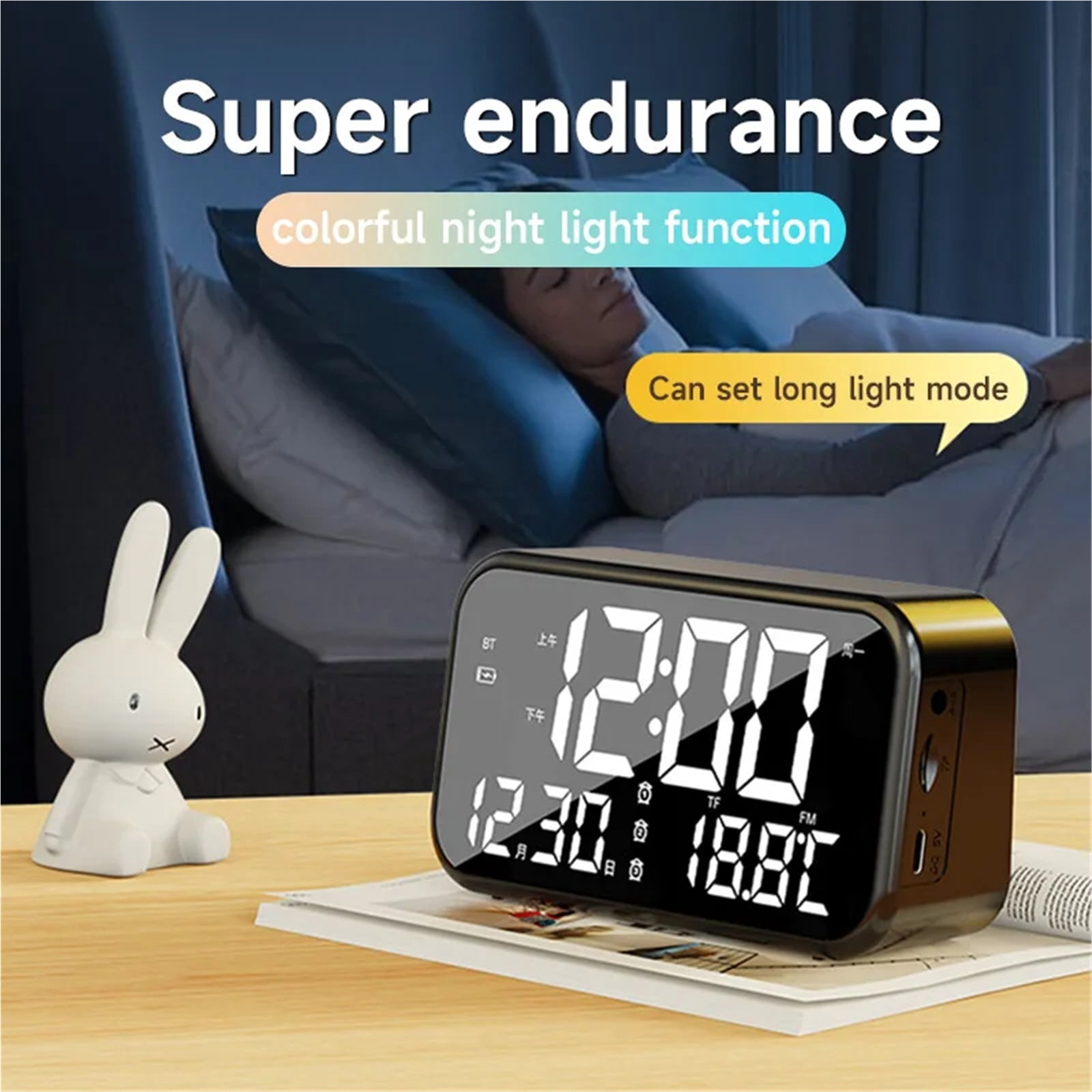 Digital Alarm Clock Bluetooth Speaker Tf Card/usb Playback, Auto Time Set For Bedroom & Office