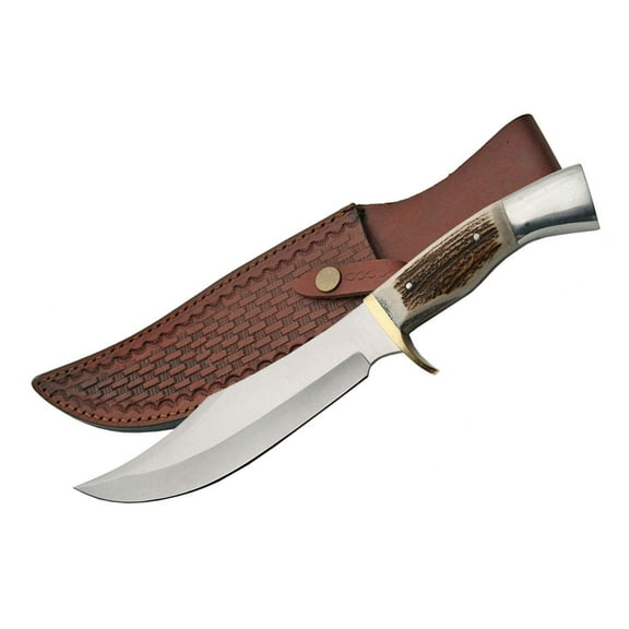 Szco Supplies 13.5" Iron Cougar II Knife with Stag Handle, Brass Guard, Stainless Steel Blade, and Leather Sheath