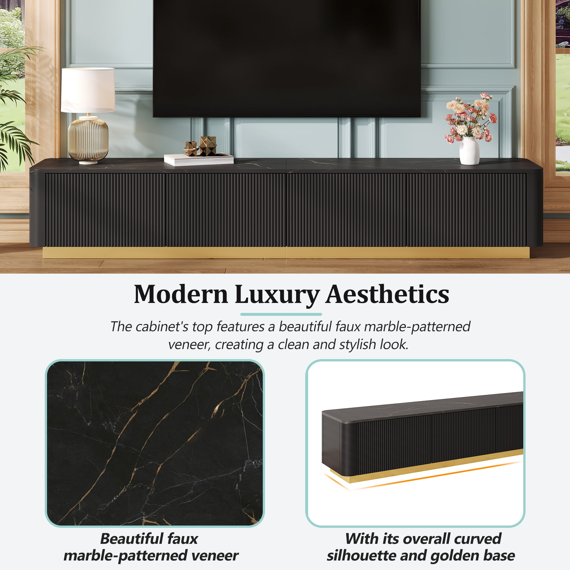 Harper & Bright Designs Fluted TV Stand for 85 inch TV with Gold Base, Modern Media Console with 4 Drawers, Entertainment Center with Curved Profile Design for Living room, Black