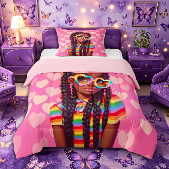 Castle Fairy Cute Black Girl Twin Comforter Sets 2pcs,Colorful Rainbow Stripes Bedding Set,Rose Coral Peach,1 Comforter and 1 Pillowcase