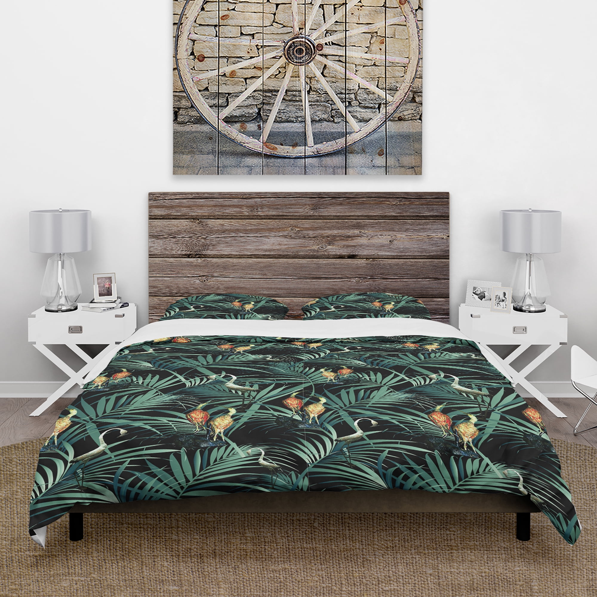 Designart 'Tropical Yellow Birds On Black Background With Green Jungle Leaves' Abstract Duvet Cover Set