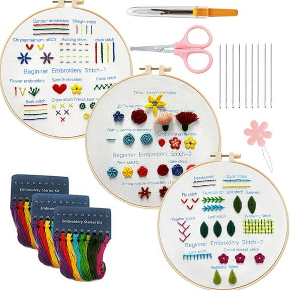 Embroidery kit,Sewing Kits for Kids,Cross Stitch Kits for Beginners &3 Sets Hand Embroidery Starter Kit with 1 Hoop Learn Different Stitches.(Plant)