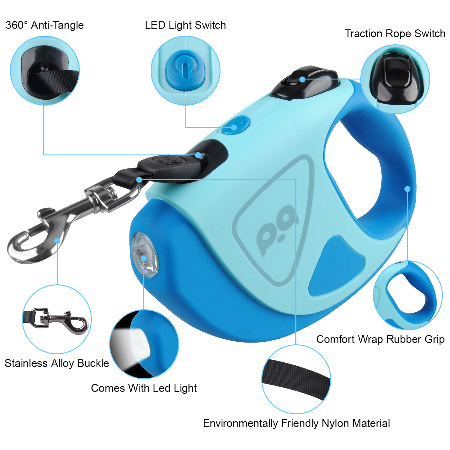 HOOTEK Retractable Dog Leash with LED Light, 16ft Heavy Duty Dog Leash with Anti-Slip Handle and 360° anti-tangling, One Button Brake & Lock Dog Leash for Small/Medium/Large Dogs Up to 50lbs, Blue