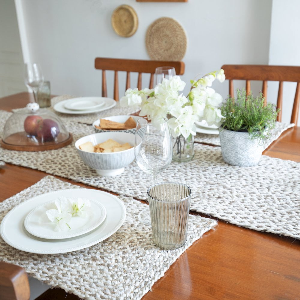 LR Home Classic Jute Table Top Placemat in White/Tan,  1'4" x 6'8"