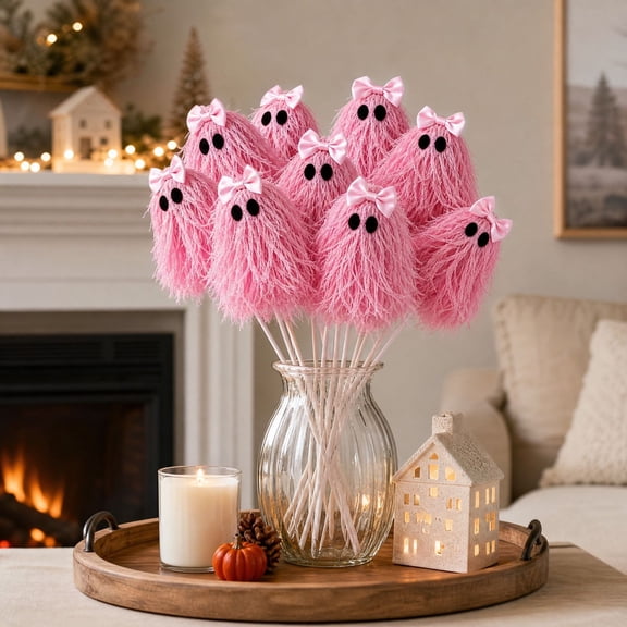 Clearance Gunhay Halloween Pink Ghost Stems, 12 Inch Cute Glitter Ghost Picks with Tassel Gothic Spooky Tree Picks for Halloween Vase Floral Arrangements Decorations