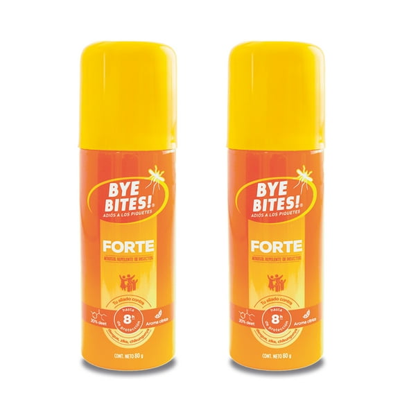 Duopack Bye Bites Repelentes de Mosquitos e Insectos Forte en Aerosol, 8 hrs Protección 80g BYE BITES Forte Repelente de insectos y mosquitos