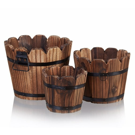 SPRING PARK Wooden Bucket Barrel Planters, Rustic Patio Planters Flower Pots for Plants Indoor Decor