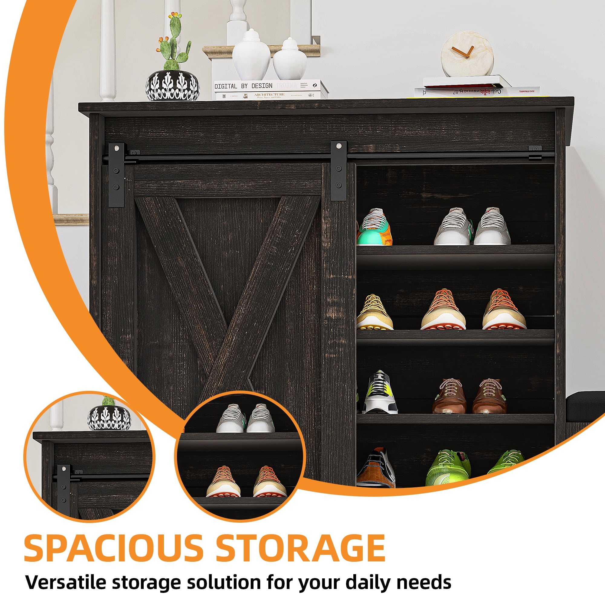 Uforic Shoe Cabinet with Sliding Door & Shoe Bench,Farmhouse Narrow Slim 5-Tier Adjustable Shoe Storage Organizer for 20 Pairs for Entryway, Foyer, Dark Rustic Oak