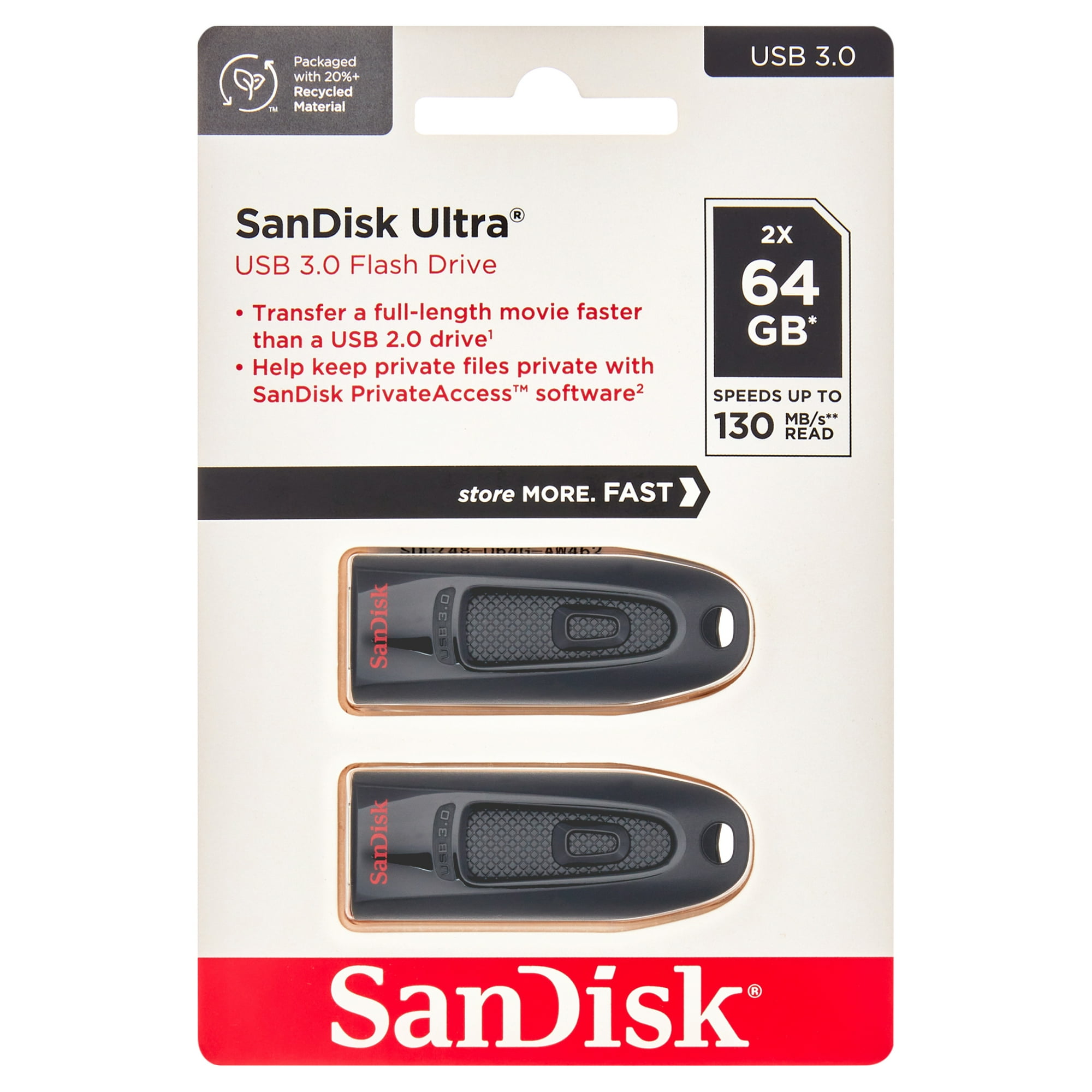 SanDisk 64GB Ultra USB 3.0 Flash Drive 130MB/s - 2 Pack