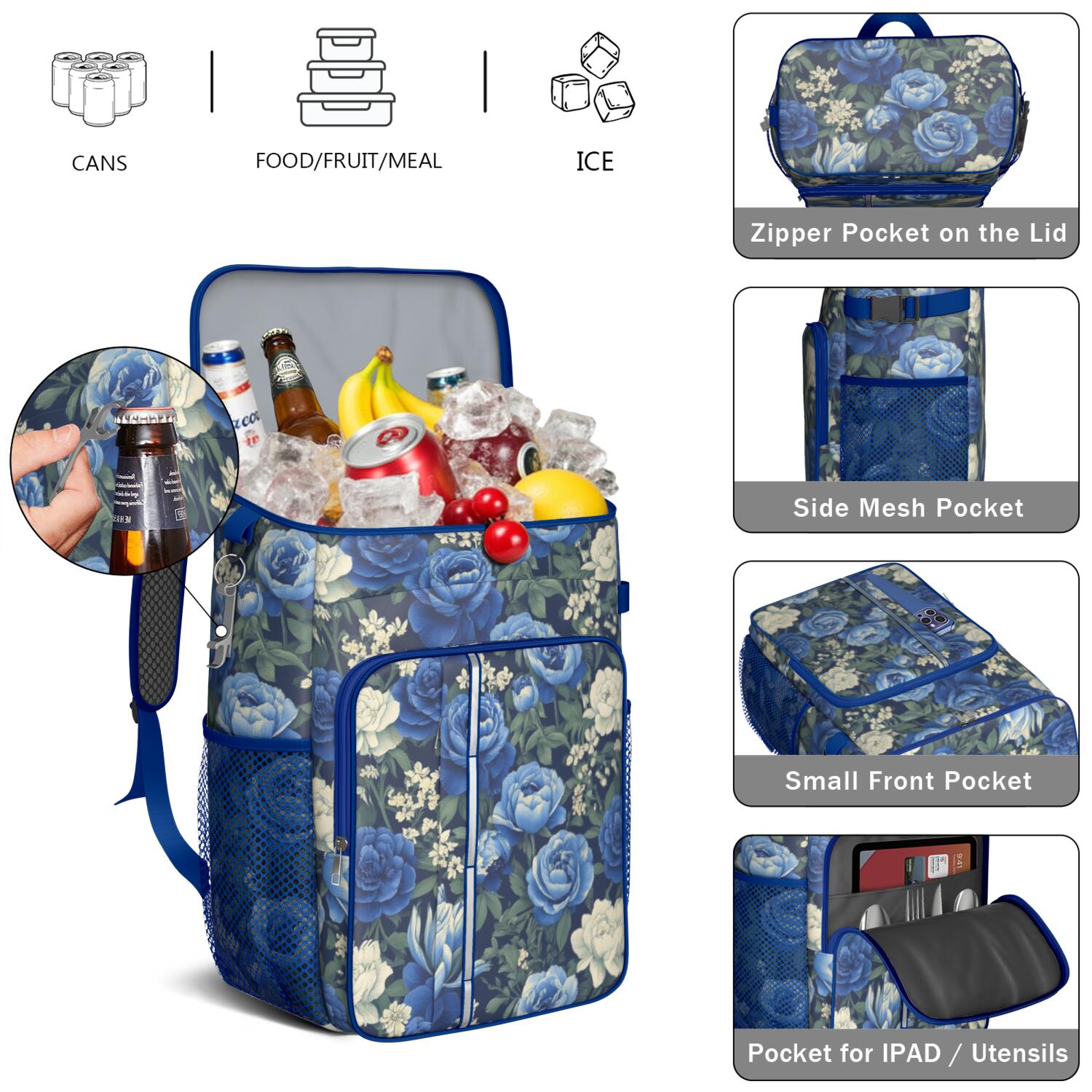 Travel Cooler Bag - Pioneer Flower Camping Beer Cooler Backpack with Bottle Opener- Waterproof Insulated Picnic Backpacks - Cooler Bag for Beach