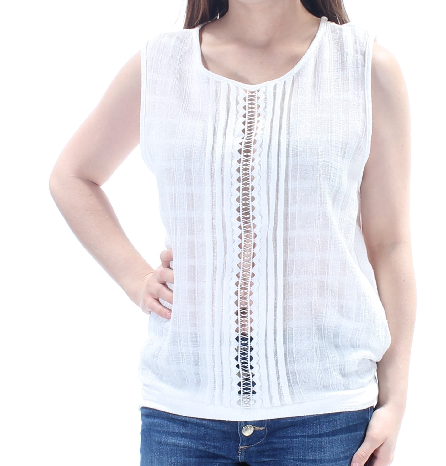 Max Studio Womens Pintuck Pleat Lace Inset Tank Top White S