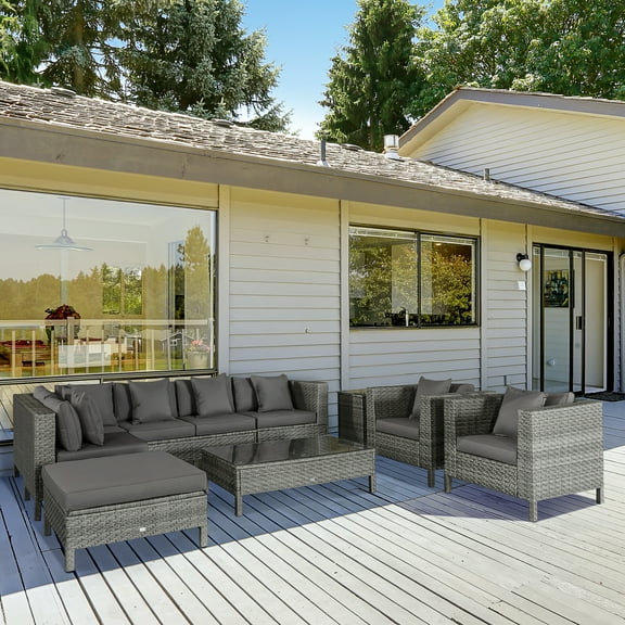 Outsunny 9 Piece Patio Furniture Set, PE Rattan Sofa & Table, Gray