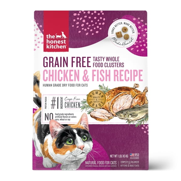 The Honest Kitchen Grain Free Chicken & Whitefish Whole Food Clusters Dry Cat Food, Human Grade Recipe Chicken, Whitefish & Probiotics, Digestive & Skin Coat Support for Kittens& Adult Cats, 1 lb Bag
