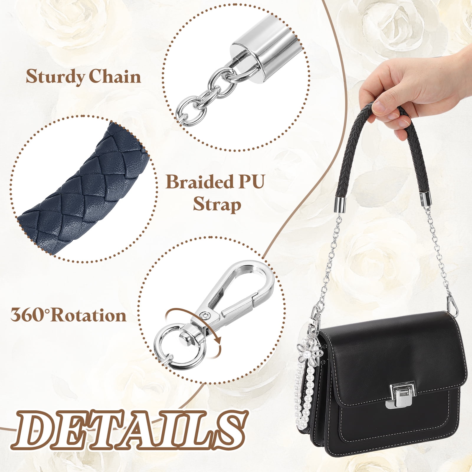 Uxcell 2 Pcs PU Leather Chain Purse Strap, 23.6 Inch Braided Purse Handles Replacement Strap with Pearl Pendant for Tote Bag Handbag Underarm Bag (Blue, Silver Chain)