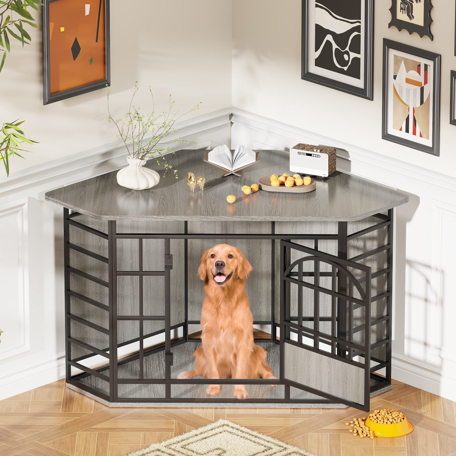 Fowroa 52 Inch Wooden Corner Dog Crate Furniture, Indoor Decorative Dog Kennel for Medium & Large Dogs, Brown