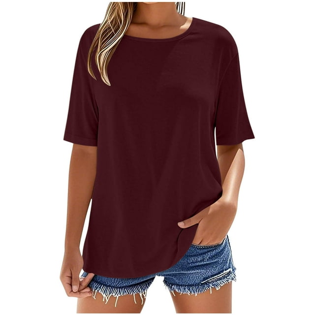 Yuyuzo T-Shirts for Women Casual Summer Half Sleeve Basic Tees Solid Color Loos Fitted Tops S-XXL