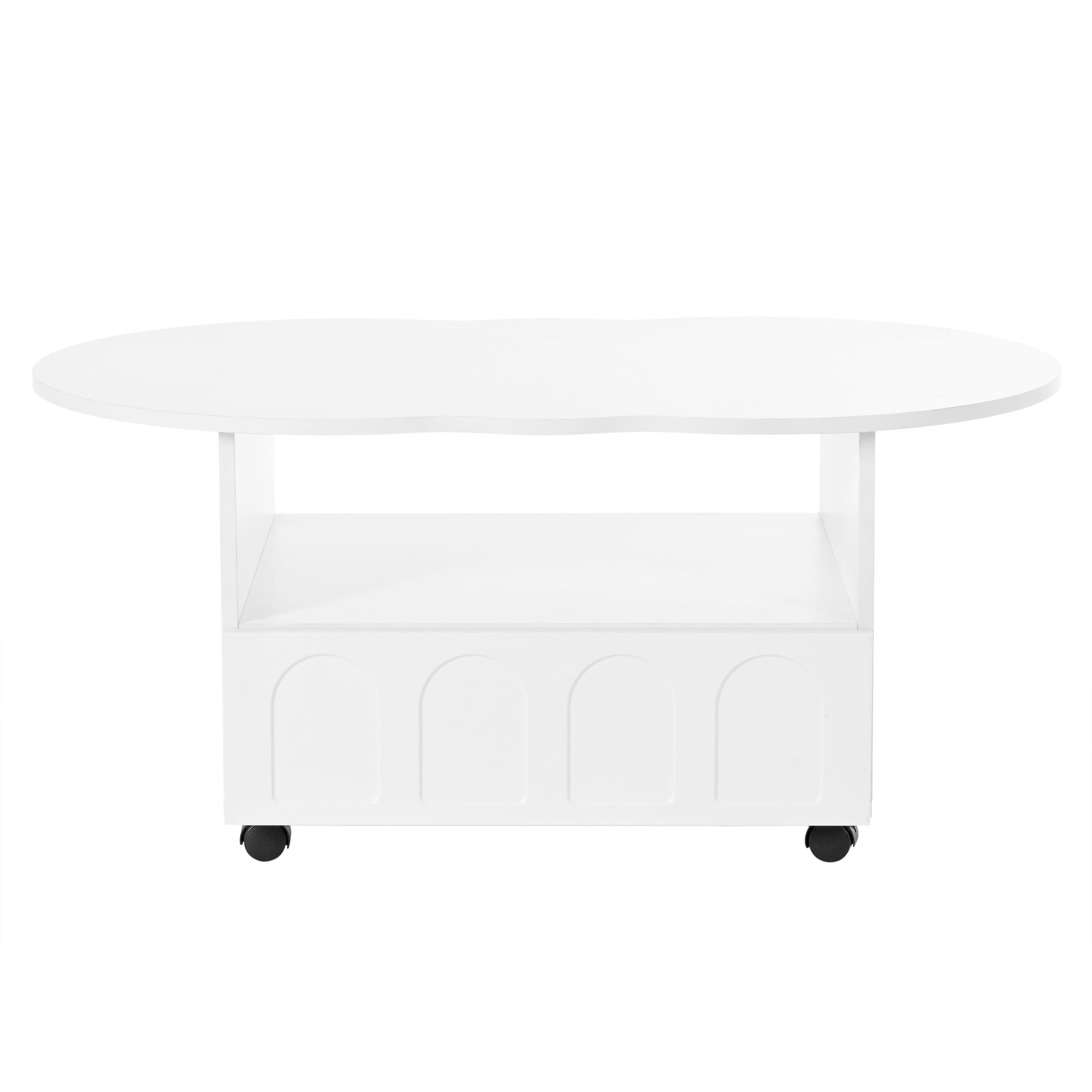 MAYEERTY Flexible Cream Style Coffee Table with 2 Brake Wheels, Cloud Top Side Table with Drawer, Irregular Center Table with Large Storage for Living Room, White, 39.37''x 23.6''