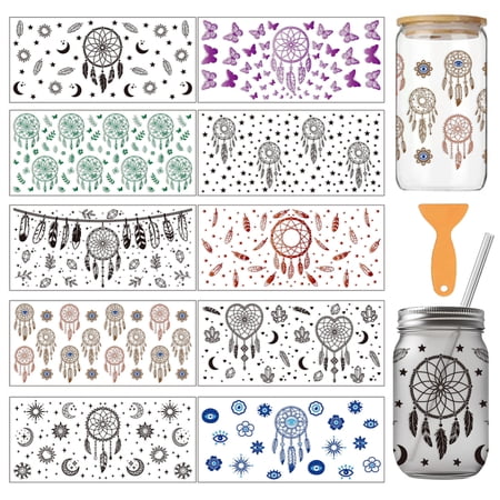 10 Sheets Dream Catcher Theme UV DTF Cup Wrap for 16OZ Glass Moon Sun Stars Plants Flowers Pattern Rub on Decals PVC Transfer Stickers