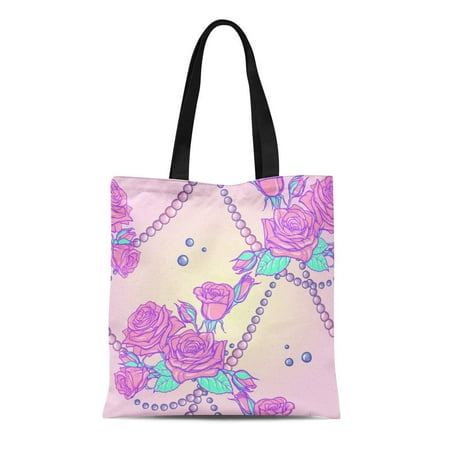 - LADDKE Canvas Tote Bag Kawaii Roses Bouquets and Pearl Jewelry Festive Pastel Goth Durable Reusable Shopping Shoulder Grocery Bag