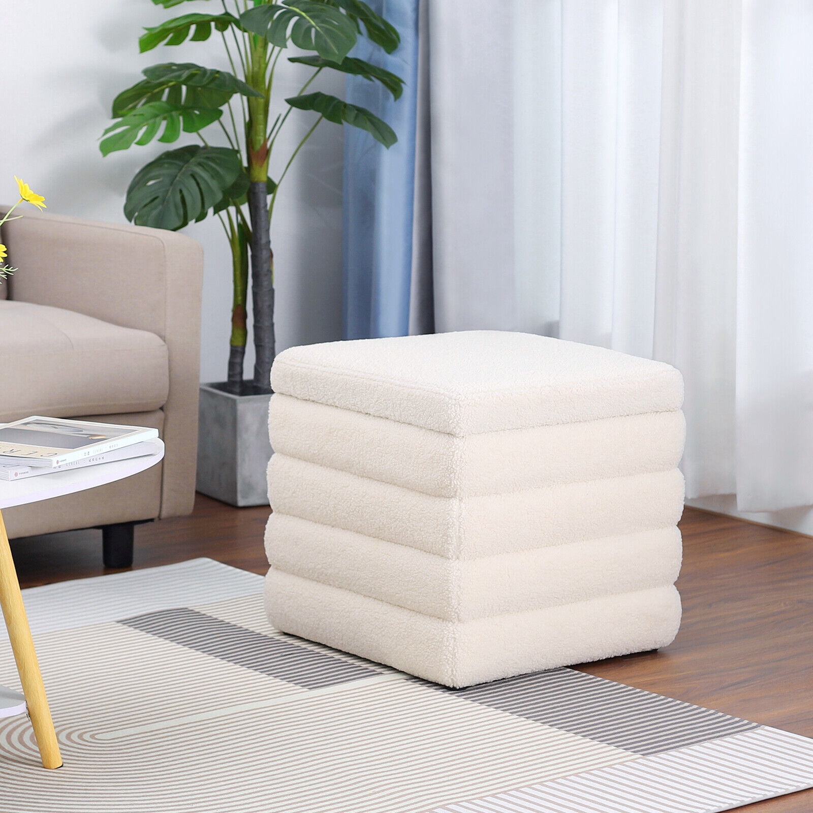 19" Square Storage Ottoman Sherpa Foot Rest Footstool Upholstered Storage Stool Seat White