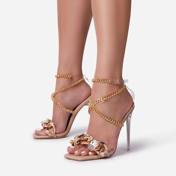 Sandalias de tacón alto con punta cuadrada y hebilla de cadena de metal con diamantes de imitación y punta abierta sexy para mujer Wmkox8yii hfjk2598