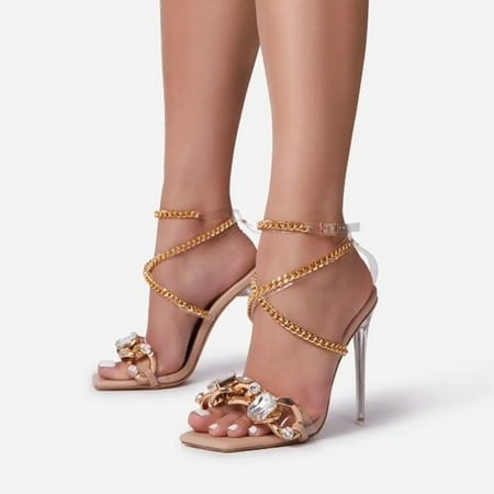 

Women s Sexy Open Toe Rhinestone Metal Chain Buckle Square Toe High Heel Sandals