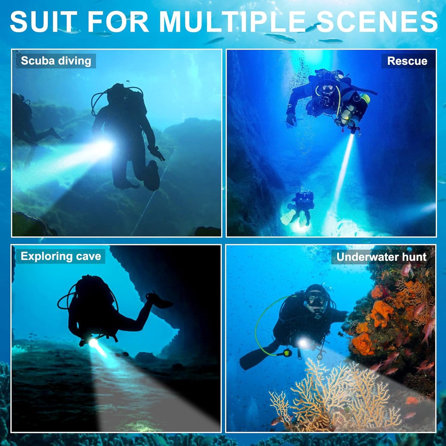 2000 Lumen Dive Light for Scuba Diving, 150 Meters Underwater Flashlight, Rechargeable Battery, White Light, Aluminum Alloy, Diving Flashlight with Push Switch