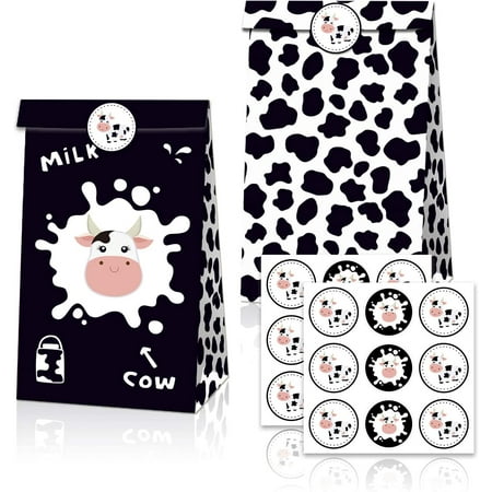 INTEROOKIE Animal Party Favor Bag with Stickers 12 Cow Gift Bag for Kids Baby Jungle Party Favor Decorations