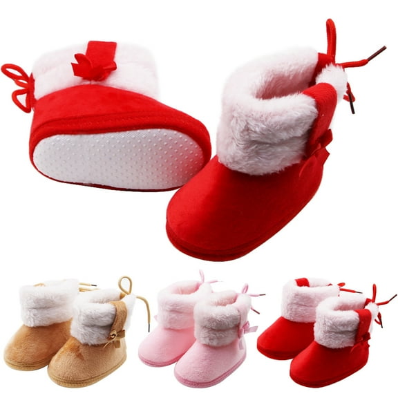 Juebong Christmas Baby Faux Fur Lining Soft Boots Warm Winter Ankle Non-Slip Snow Walking Shoes Red,6-12 Months