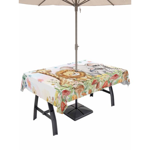 Outdoor Tablecloth with Umbrella Hole for Patio/Picnic/Party/Camping, Pink Flowers Animals Waterproof Table Cloth Rectangle Table Cover Washable, Spring Floral Watercolor Botanical (60"x 84")