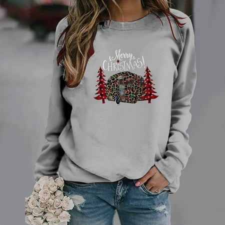 

jsaierl Womens Oversized Sweatshirts Crewneck Long Sleeve Shirts Christmas Tree Print Tops Graphic Funny Blouse Tee Xmas Pullover