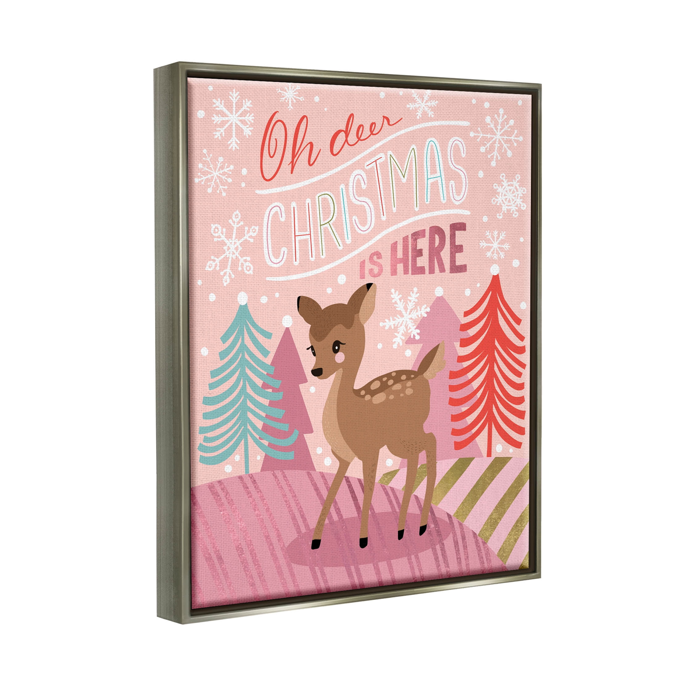 Oh Deer Christmas Is Here Phrase Holiday Graphic Art Luster Gray Framed Art Print Wall Art