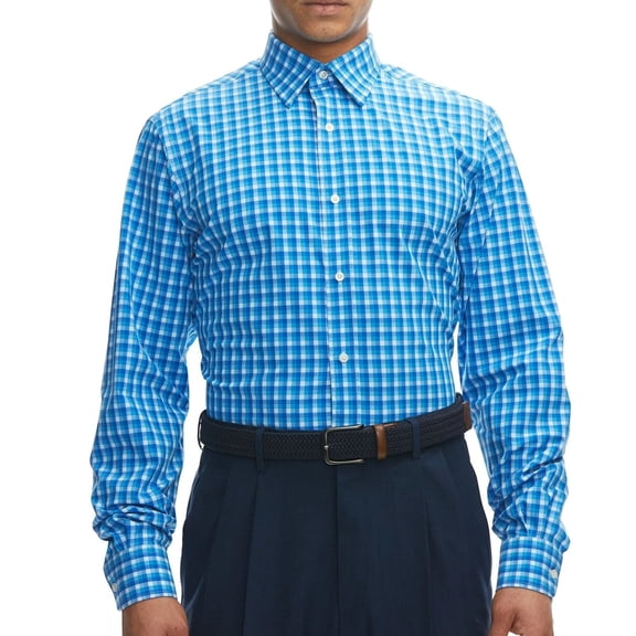 Lands’ End Men’s Non-Iron Regular Fit Dress Shirt | 15-15.5" Neck 32/33" Sleeve, Dark Blue Plaid