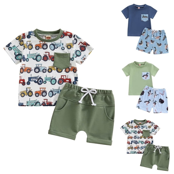 larppty Toddler Baby Boy Clothes 6M-3T Summer Outfit Retro Farm Tractor Tee Shirts T-Shirt   Shorts Set（Green， 18-24 Months）