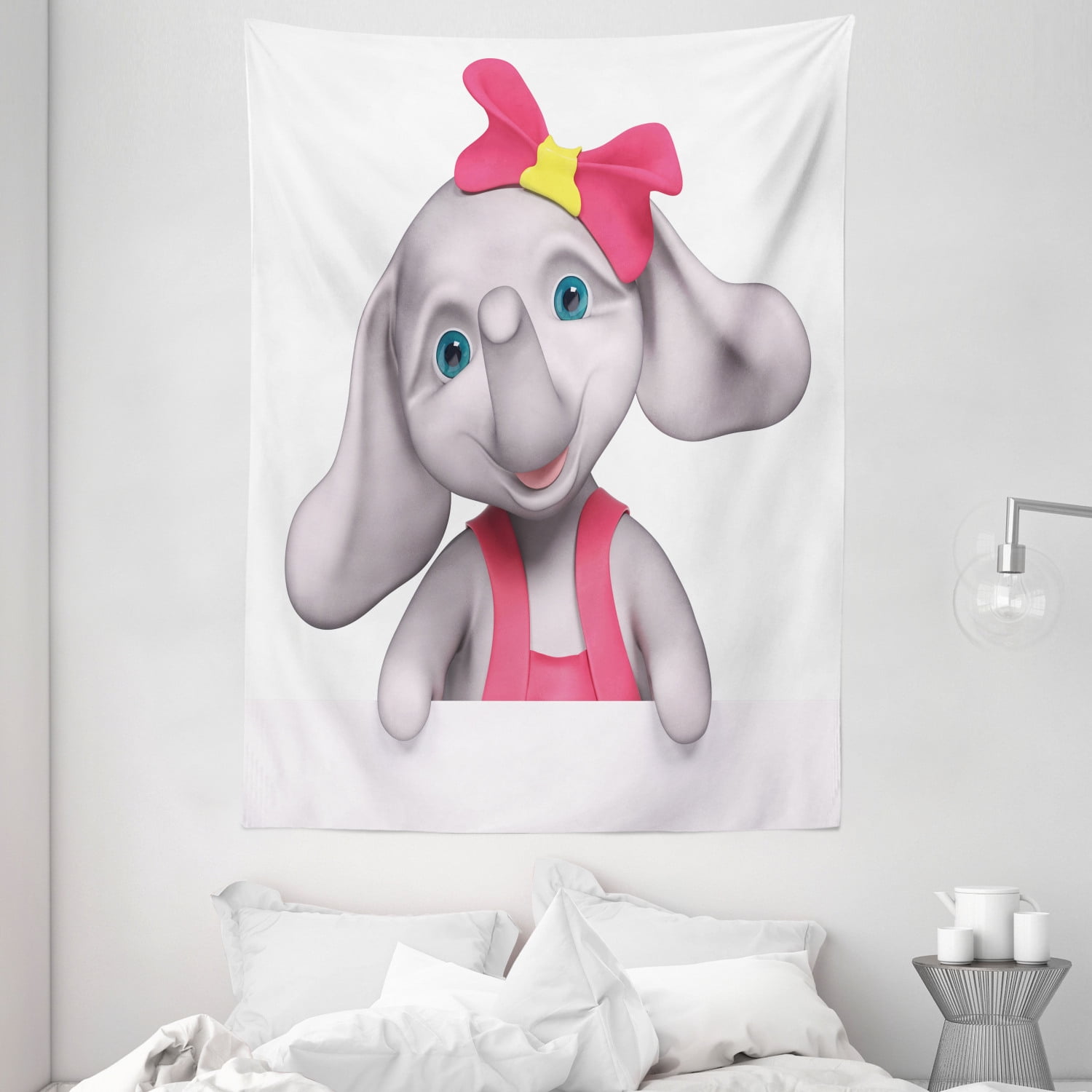 Elephant Nursery Decor Tapestry, Cheerful Baby Girl Smiling Elephant 3D  Cartoon Style Print, Wall Hanging for Bedroom Living Room Dorm Decor, 60W X  80L Inches, Pink Grey Yellow, by Ambesonne 