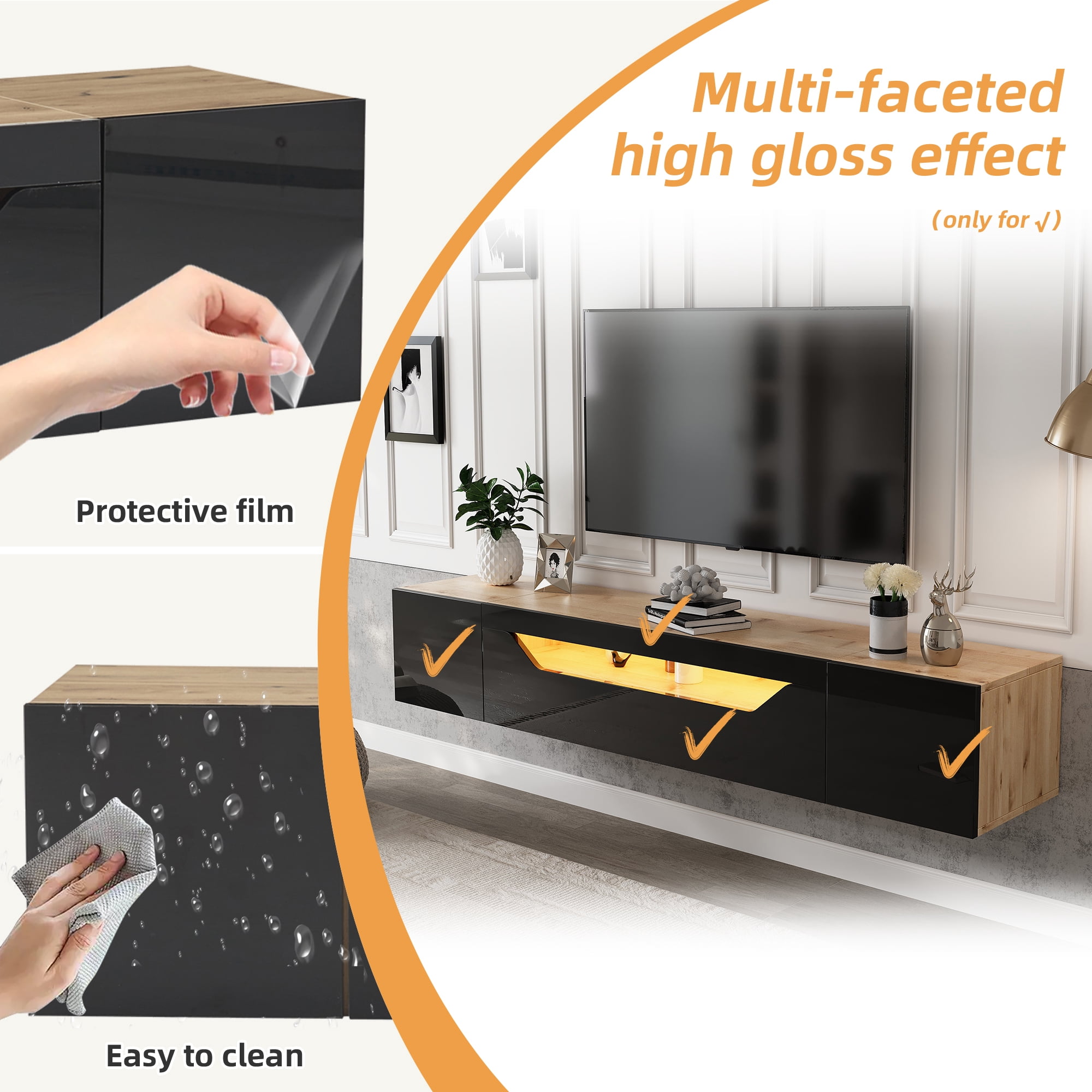 Homy Casa meuble TV flottant 64,9 po pour téléviseurs jusqu’à 65 po, console murale avec DEL par appli, noir lustré et chêne