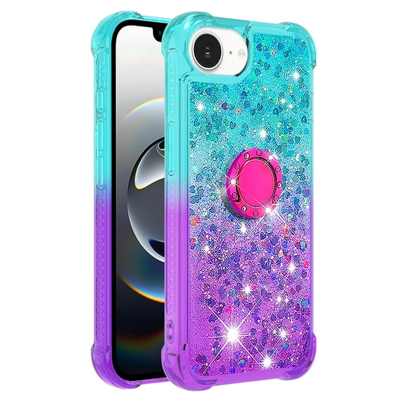 Phone Case for iPhone 16E/SE 2025 Case with Ring Kickstand,Cute Glitter Bling Sparkle Quicksand Flowing Liquid Clear Gel Silicone ShockProof Cover Girls-B1