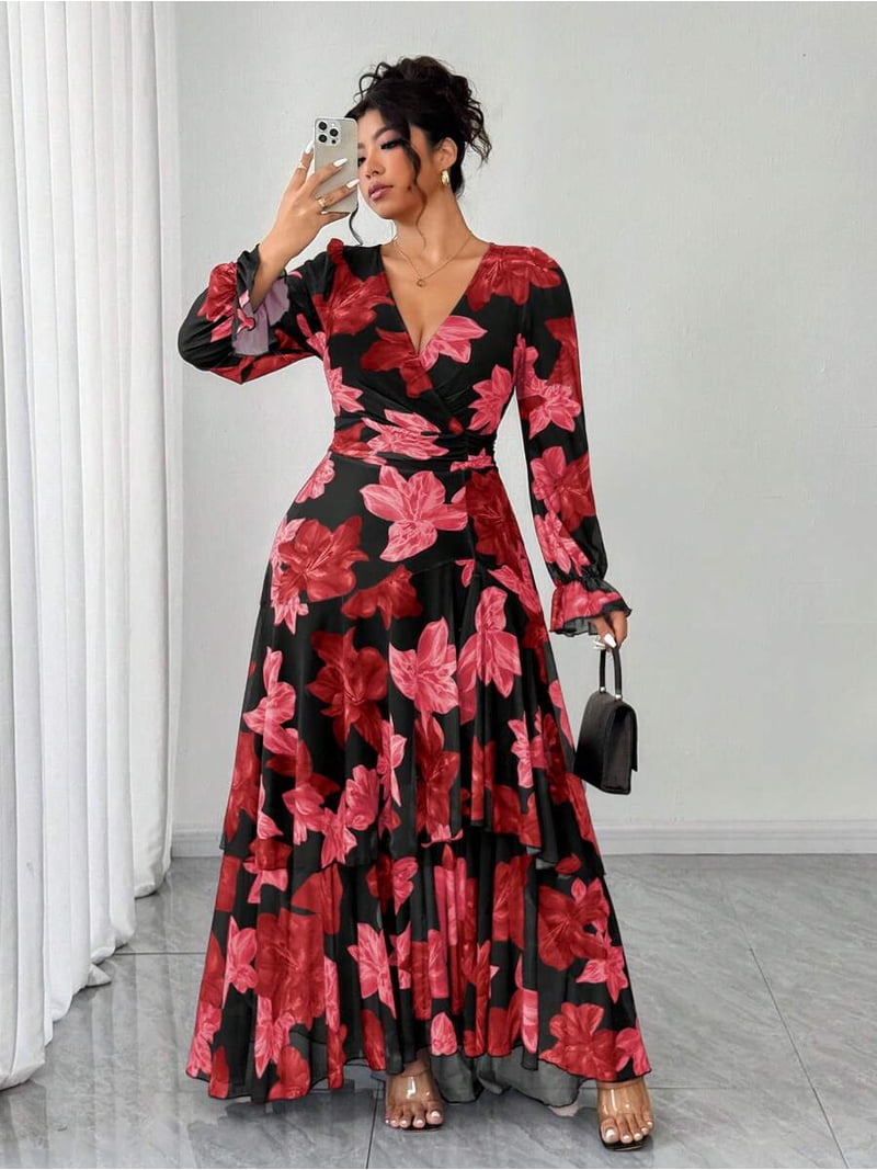 cinched waist maxi dress Green Floral Print Deep V Neck Ruched S Featuring a super flattering cinched waist and light and breathable fabric PrettyLittleThing Women's PLT Label Asymmetric