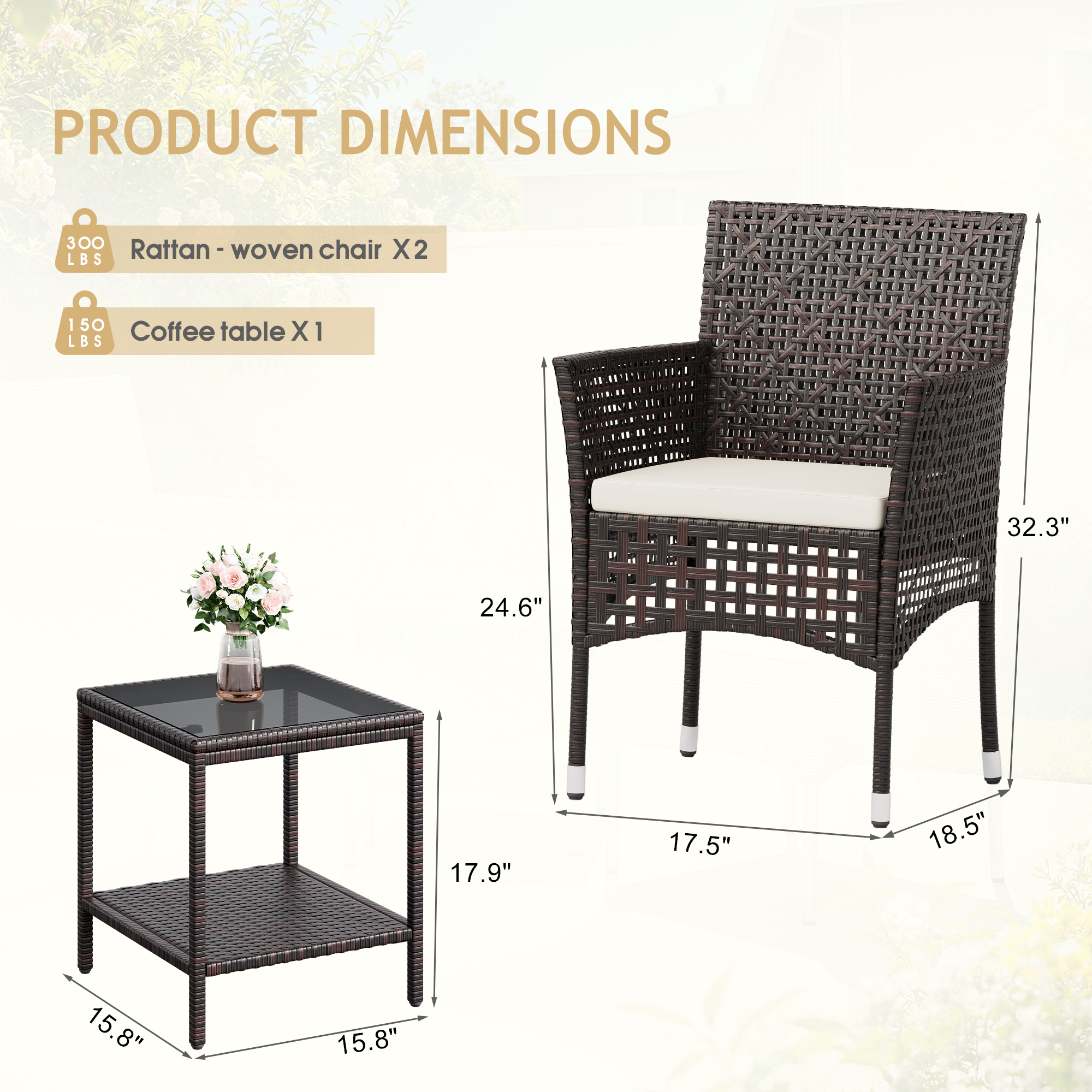 Lacoo 3 Pieces Outdoor conversation Set Rattan Patio Furniture Bistro Chat Chairs Set of 2 with Table for Garden Porch, Brown