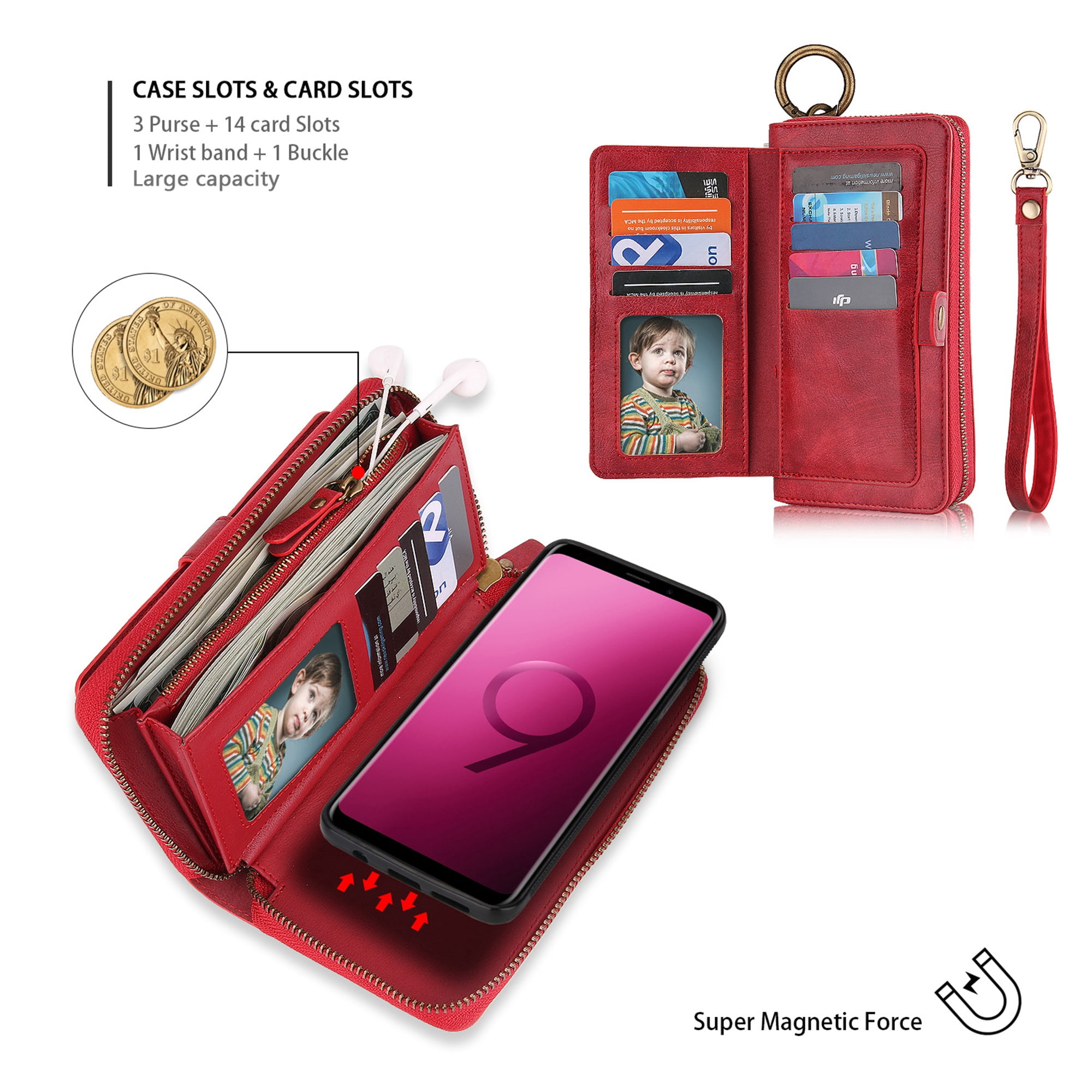 Galaxy S9 Plus Wallet Detachable Case, Dteck [wrist band][14 Card Slots] Zipper Purse Phone Case Multi-functional Folio Flip PU Leather Removable Magnetic Back Cover For Samsung Galaxy S9+,Red