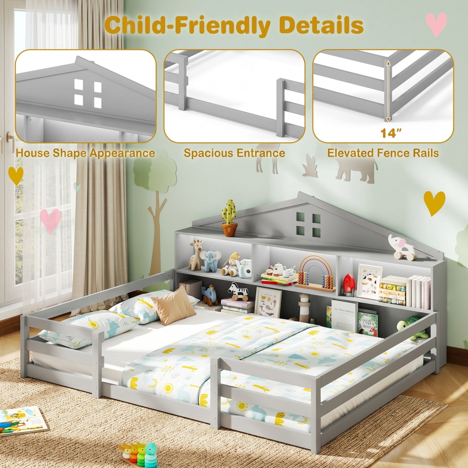 Furnibear Full Size Bed Frame Montessori Floor Bed for Kids, House Bed with Storage Headboard Guardrails and LED Lights, Full Bed Frame, Gray