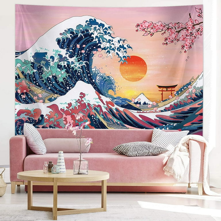 Tapestry Japanese Ocean Wave Wall Decorations Cherry Blossom Tree Backdrop Sunset Tapestry Wall Hanging Kanagawa Tapestry for Japanese Party Home Decorations 59 X 78.7 Inch Walmart